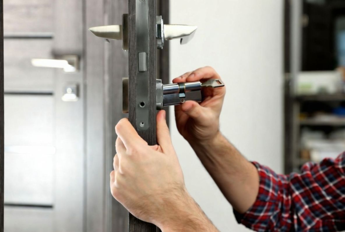 Locksmith fitting a new door lock