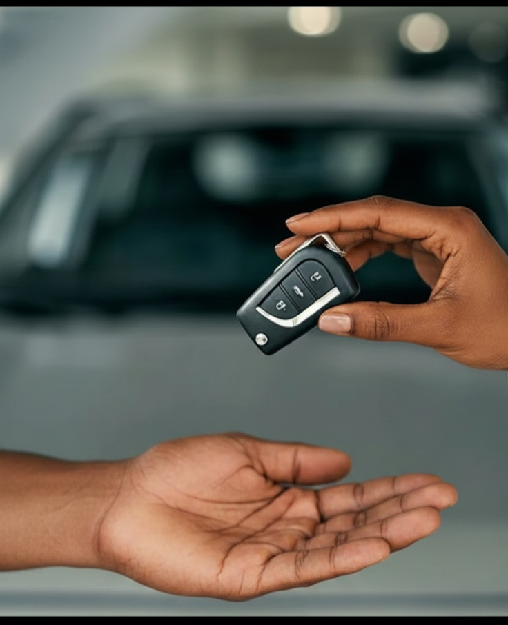 Auto locksmith handing over a freshly cut car key