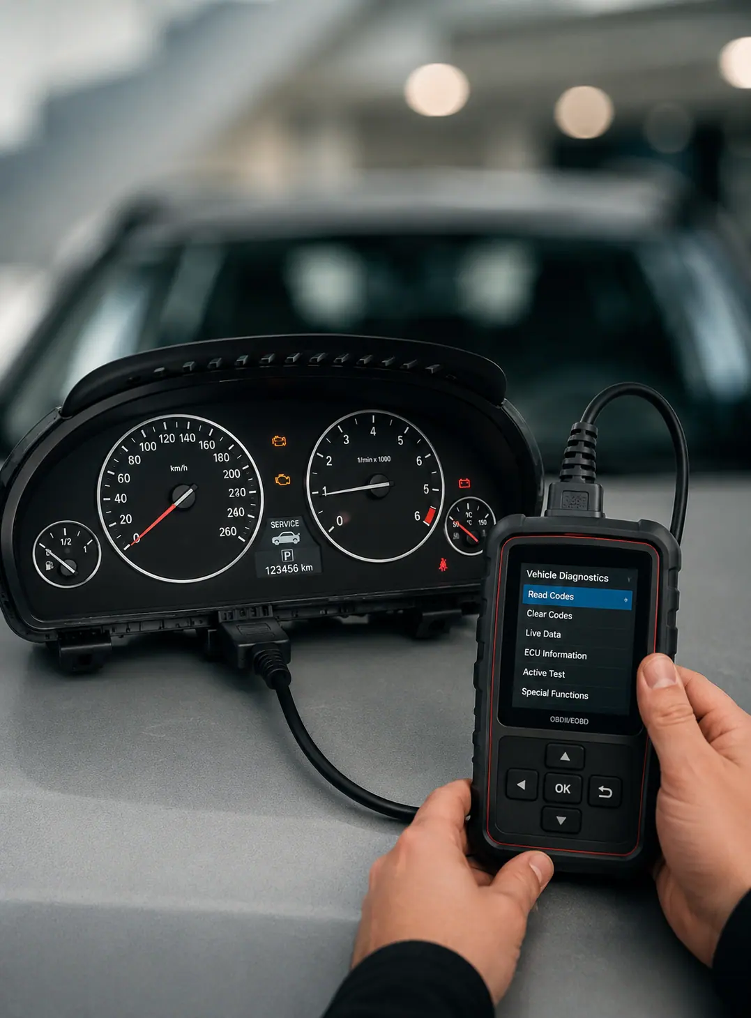 Vehicle instrument cluster showing odometer and OBD diagnostic tool during mileage correction