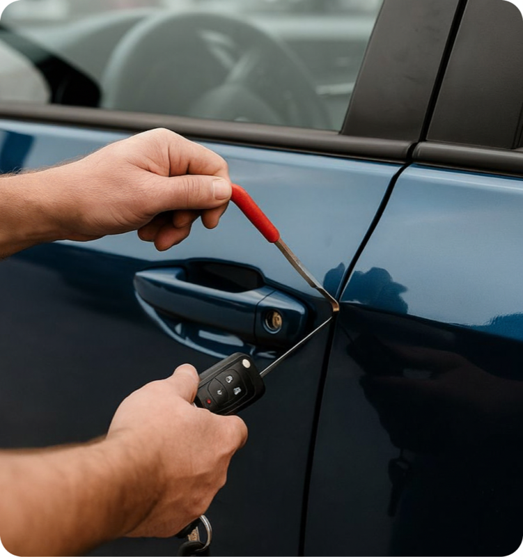 Auto locksmith opening a locked car door